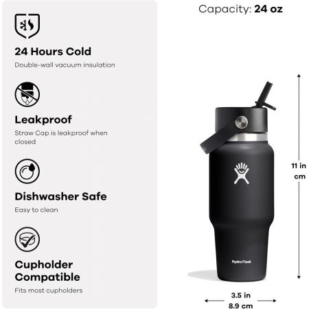 Hydro Flask Wide Flex Cap Μπουκάλι Θερμός Ανοξείδωτο 710ml Flex Straw Cap με Καλαμάκι Μαύρο |  στο MrBag.gr